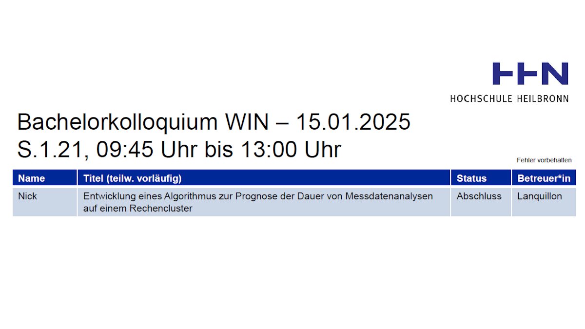 Ein letztes Mal in diesem Semester gibt es morgen das #Bachelorkolloquium. Dabei wird unter anderem Nick referieren, welche Ergebnisse er im Rahmen seiner Thesis rund um die Entwicklung eines Prognose-#Algorithmus erforscht hat.