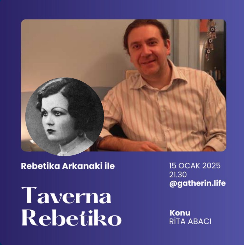 Arkan Çinetçi (@arkancinetci) on Twitter photo Yarın akşam online rebetiko buluşmamızda 1930’lara duygu dolu bir ziyaret yapacağız. Arkan Çinetçi anlatımı ile Rita Abatzi, İzmir, Atina..
21.30’da <a href="/gatherinlife/">gatherin.life</a> Taverna Rebetiko’da buluşalım. Yerinizi ayırın 🎶
👇👇👇
gatherin.life/place/arkanaki… Yarın akşam online rebetiko buluşmamızda 1930’lara duygu dolu bir ziyaret yapacağız. Arkan Çinetçi anlatımı ile Rita Abatzi, İzmir, Atina..
21.30’da <a href="/gatherinlife/">gatherin.life</a> Taverna Rebetiko’da buluşalım. Yerinizi ayırın 🎶
👇👇👇
gatherin.life/place/arkanaki…