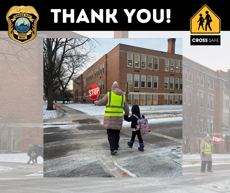 GBPolice's tweet photo. We want to give a WARM shout-out to the amazing crossing guards at Cross Safe! THANK YOU for braving the cold & helping our students get to & from school safely. To apply: https://t.co/xKh8M6eNI6 #ThankYou #CrossSafe #CommunityHeroes #GreenBayPolice #WinterSafety #SafeStudents https://t.co/QqwURHeJk8