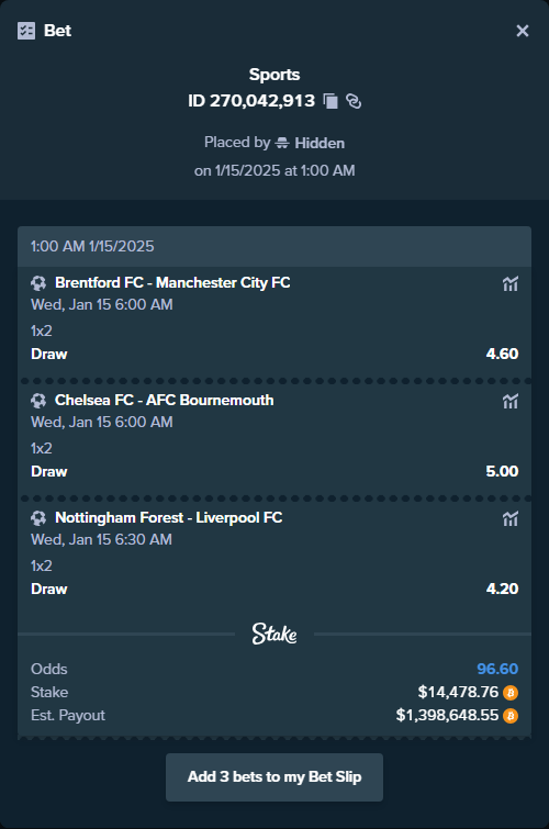 ALERT: New high roller bet posted!
A parlay bet has been placed for $14,478.76 to win $1,398,648.55.
To view this bet or copy it stake.com/sports/home?ii…