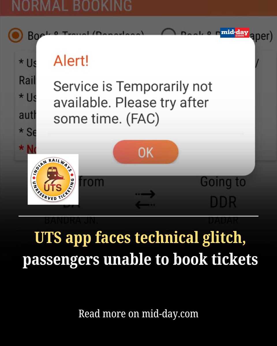 mid_day's tweet image. The Indian Railways Unreserved Ticketing System mobile application crashed on Tuesday evening due to a server issue. An official confirmed that engineers are working to resolve the problem.  

Via: @rajtoday 

#UTS #TechnicalGlitch #MumbaiNews