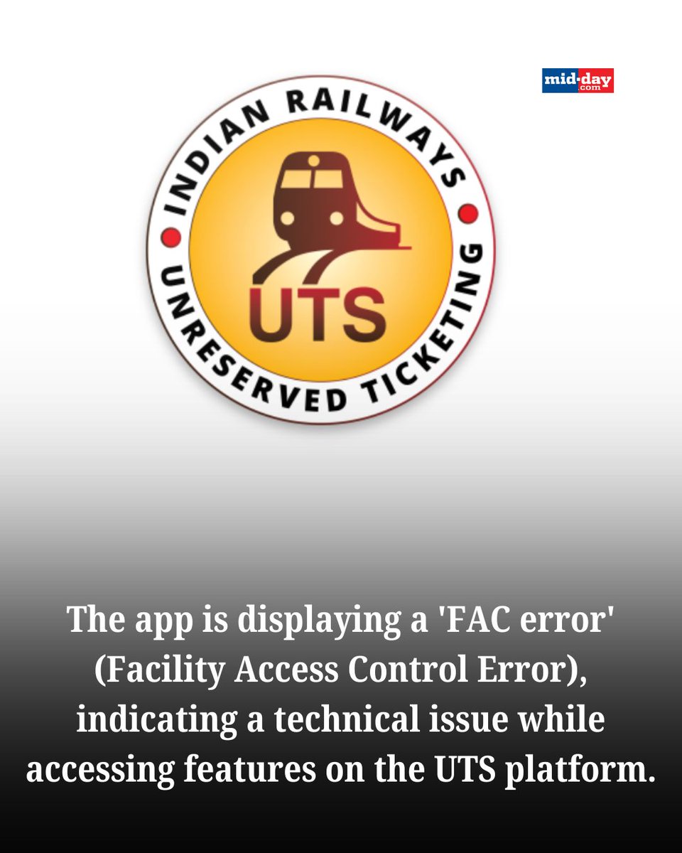 mid_day's tweet image. The Indian Railways Unreserved Ticketing System mobile application crashed on Tuesday evening due to a server issue. An official confirmed that engineers are working to resolve the problem.  

Via: @rajtoday 

#UTS #TechnicalGlitch #MumbaiNews