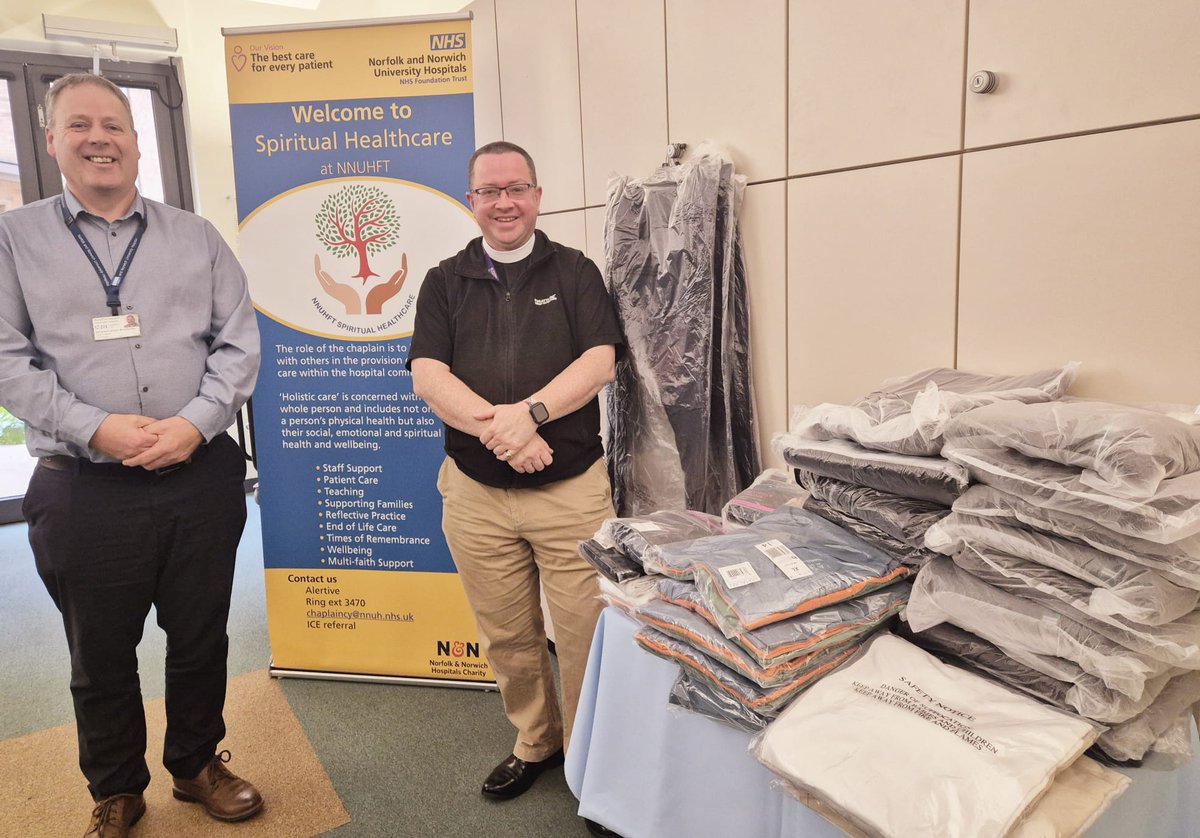 Delighted to deliver these clothes (£345 worth, raised at the recent coffee mornings) to the Rev Adrian Woodbridge, <a href="/NnuhC/">NNUH Spiritual Healthcare</a> <a href="/NNUH/">Norfolk and Norwich University Hospitals</a>  - these clothes are used to support patients for a variety of reasons and the need is ongoing. THANK YOU ALL for your support! <a href="/DioceseNorwich/">Diocese of Norwich</a>