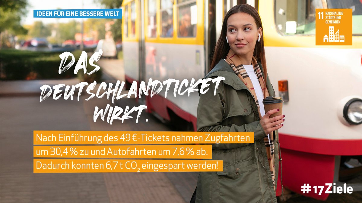 17Ziele (@17ziele) on Twitter photo Das #Deutschlandticket hat sich zunächst positiv auf #Emissionen & #Mobilität ausgewirkt: Die Menschen fuhren mehr Zug! 🚈 Nach der Preiserhöhung im nächsten Jahr könnte sich das wieder ändern. Der <a href="/AriadneProjekt/">Kopernikus-Projekt Ariadne zur Energiewende</a> D-Ticket Impact Tracker verrät mehr 👉 t1p.de/l2ckg Das #Deutschlandticket hat sich zunächst positiv auf #Emissionen & #Mobilität ausgewirkt: Die Menschen fuhren mehr Zug! 🚈 Nach der Preiserhöhung im nächsten Jahr könnte sich das wieder ändern. Der <a href="/AriadneProjekt/">Kopernikus-Projekt Ariadne zur Energiewende</a> D-Ticket Impact Tracker verrät mehr 👉 t1p.de/l2ckg