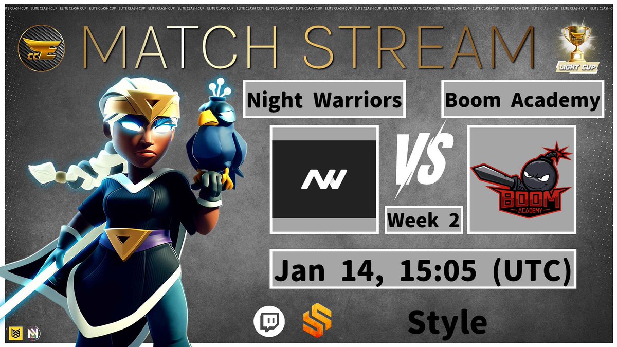 🟣 LIVEEEEEEEE!

Juega el mejor equipo de China! 🥳

🏆 Elite Clash Cup - W2

✅ Boom Academy 🆚 Night Warriors

TODO el MUNDO para DENTRO! ❤

📺 twitch.tv/style_coc