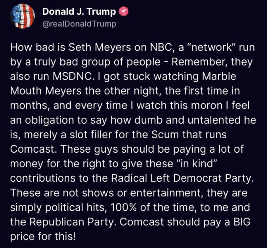 RpsAgainstTrump's tweet photo. Donald Trump is the biggest crybaby in the world. He now wants to punish Comcast because Seth Meyers made fun of him.

Imagine being one of those who voted for Trump because of “free speech”🤦‍♂️ https://t.co/yx0T4rWqPA