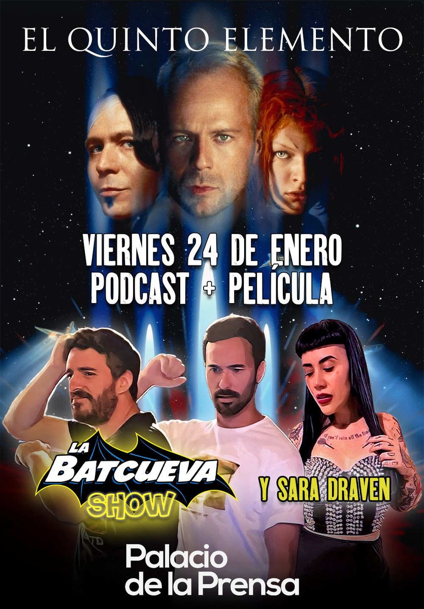 Viaja con <a href="/labatcuevashow/">La Batcueva Show</a> al universo de 'El quinto elemento' en una experiencia única.  

Un coloquio lleno de humor, curiosidades y análisis sobre los secretos de esta obra de culto, que contará con la participación de Sara Draven.

Consigue tu entrada: palaciodelaprensa.com/espectaculo/la…