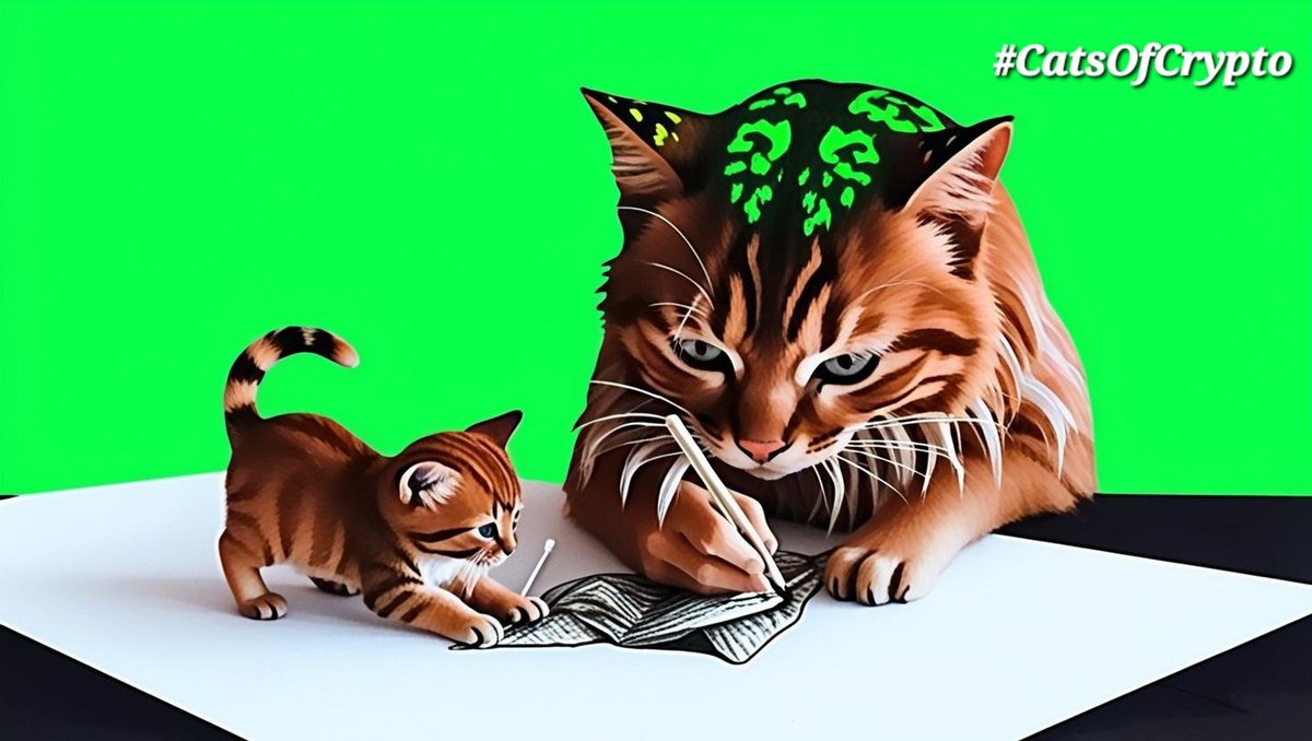 CatsOfCrypto9's tweet image. Looks like the #CatsOfCrypto have found their new hustle! Momma cat is teaching her kitten the art of drawing up the next big blockchain blueprint. Who knew the future of crypto was in such pawsitively creative hands? 🐱💰✍️ #CryptoKittens #ArtisticCats $COC #MEMECOIN