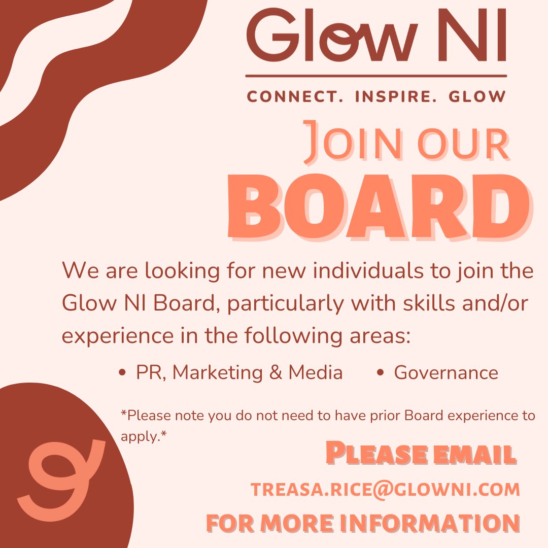 Join our Board
👉Do you want to help make a difference to the lives of women and girls?
👉Do you have  experience in Pr, Marketing &amp; Media or Governance?
If yes, then apply to join the Glow NI Board today!
Email your CV to treasa.rice@glowni.com by 31 Jan
#boardrecruitment