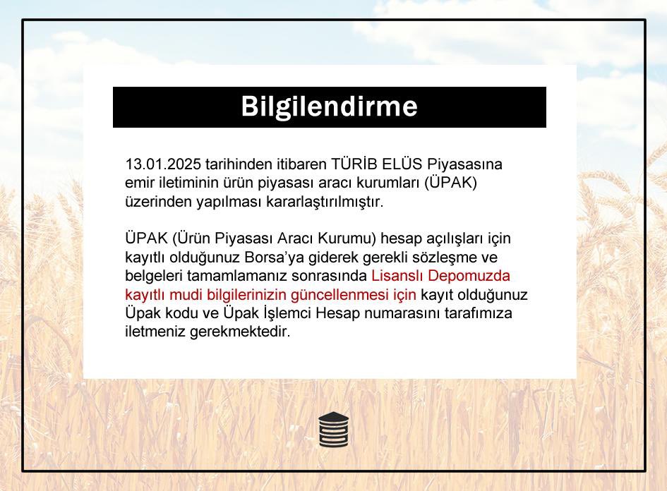 lidas1001's tweet photo. Bilgilendirme

13.01.2025 tarihinden itibaren TÜRİB ELÜS Piyasasına emir iletiminin ürün piyasası aracı kurumları (ÜPAK) üzerinden yapılması kararlaştırılmıştır. https://t.co/nIwT75xkK0