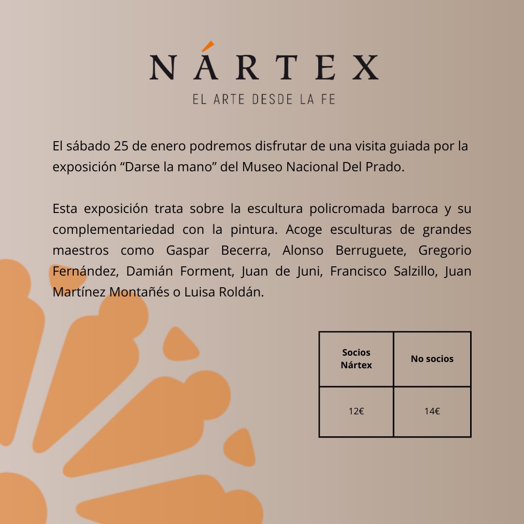 Comenzamos las actividades del año con una visita guiada por la exposición “Darse la mano” del Museo del Prado. 

El sábado 25 de enero a las 11:00 disfrutaremos de las valiosas piezas de esta exposición. 

Podéis inscribiros en el siguiente enlace: 

docs.google.com/forms/d/1LKRel…