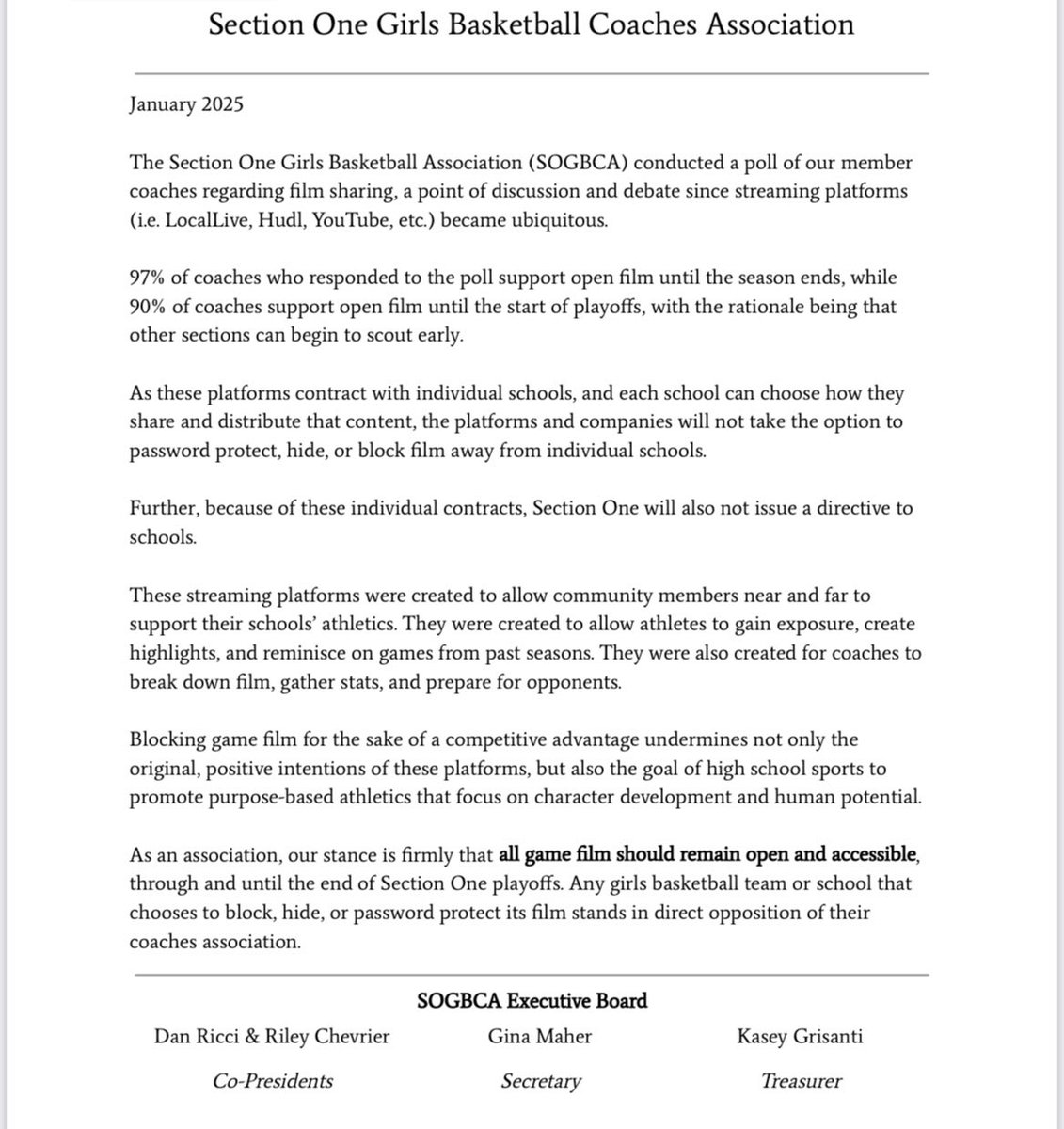 Here is our Coaches Associations stance on game film accessibly. 

<a href="/KDJmedia1/">Kevin Devaney Jr.</a> <a href="/Hudl/">Hudl</a> <a href="/HaggertyNancy/">Nancy Haggerty</a> <a href="/rileychevrier/">Coach Chevrier</a> <a href="/CoachRicOHS/">Dan Ricci</a>