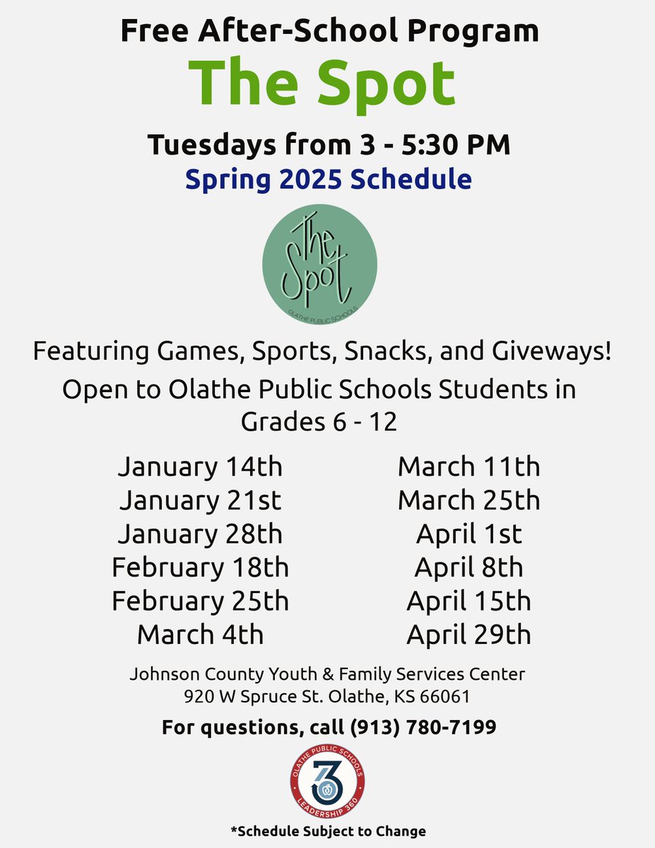 The Spot is OPEN today - all <a href="/olatheschools/">Olathe Public Schools</a>  6th - 12th grade students are welcome to The Spot after-school program on Tuesdays during the Spring 2025 semester. No registration is necessary; students can simply arrive &amp; take part in games, mentoring, and more! #OPSMakeTodayCount
