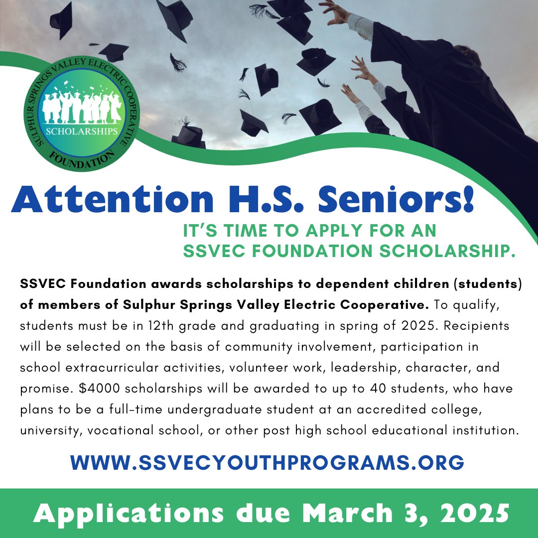 SSVEC (@ssvecaz) on Twitter photo SSVEC FOUNDATION SCHOLARSHIP PROGRAM IS LOOKING FOR APPLICANTS!
You can review requirements and download the application at ssvecyouthprograms.org. For any questions, please email ssvecyouthprograms@ssvec.com
Deadline: March 3, 2025. SSVEC FOUNDATION SCHOLARSHIP PROGRAM IS LOOKING FOR APPLICANTS!
You can review requirements and download the application at ssvecyouthprograms.org. For any questions, please email ssvecyouthprograms@ssvec.com
Deadline: March 3, 2025.