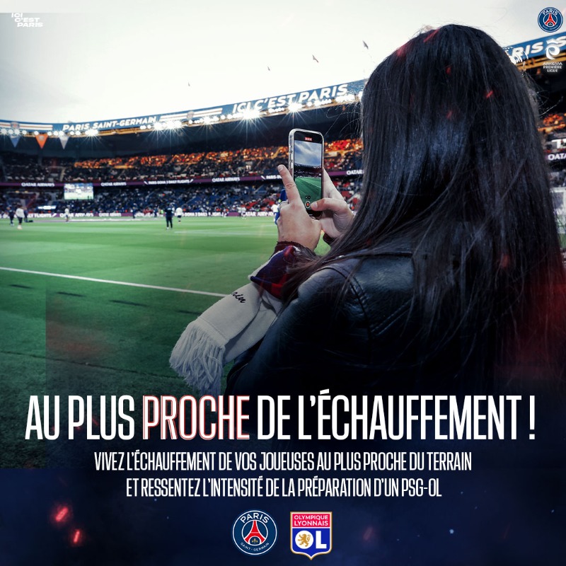 PSG_Feminines's tweet photo. Vivez l’échauffement de vos joueuses au plus proche du terrain et ressentez l’intensité de la préparation d’un PSG-OL ! 🔴🔵

Tentez de remporter cette expérience unique en participant à notre jeu concours. Les participants doivent être détenteurs d’un billet. 🎟️
