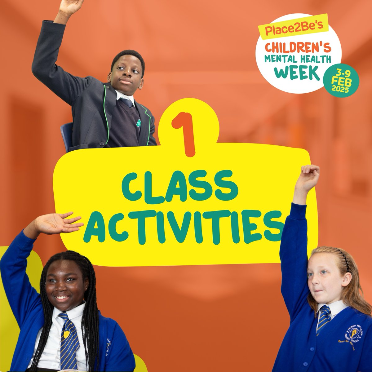 Place2Be's tweet image. It&apos;s not too late to take part this #ChildrensMentalHealthWeek! Here are 3 ways to get involved 👇

✏️ Class activities – these can help you get your class or group to get to know themselves better
🙌 Fundraising – plan an event, activity day or Own-Clothes day to help raise…