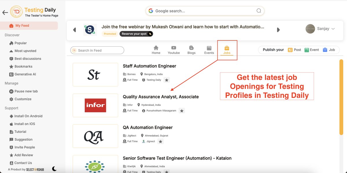 Sanjay Kumar, SelectorsHub Creator (@sanjaykumaarr) on Twitter photo Who got fired recently?
.
.
Don't worry, we are here to help you. Now get the latest software testing jobs in #TestingDaily under Jobs tab. Install the Testing Daily Extension or Mobile App & just in one tap explore the new jobs suitable for you!!
<a href="/naveenkhunteta/">Naveen Khunteta</a> Who got fired recently?
.
.
Don't worry, we are here to help you. Now get the latest software testing jobs in #TestingDaily under Jobs tab. Install the Testing Daily Extension or Mobile App & just in one tap explore the new jobs suitable for you!!
<a href="/naveenkhunteta/">Naveen Khunteta</a>