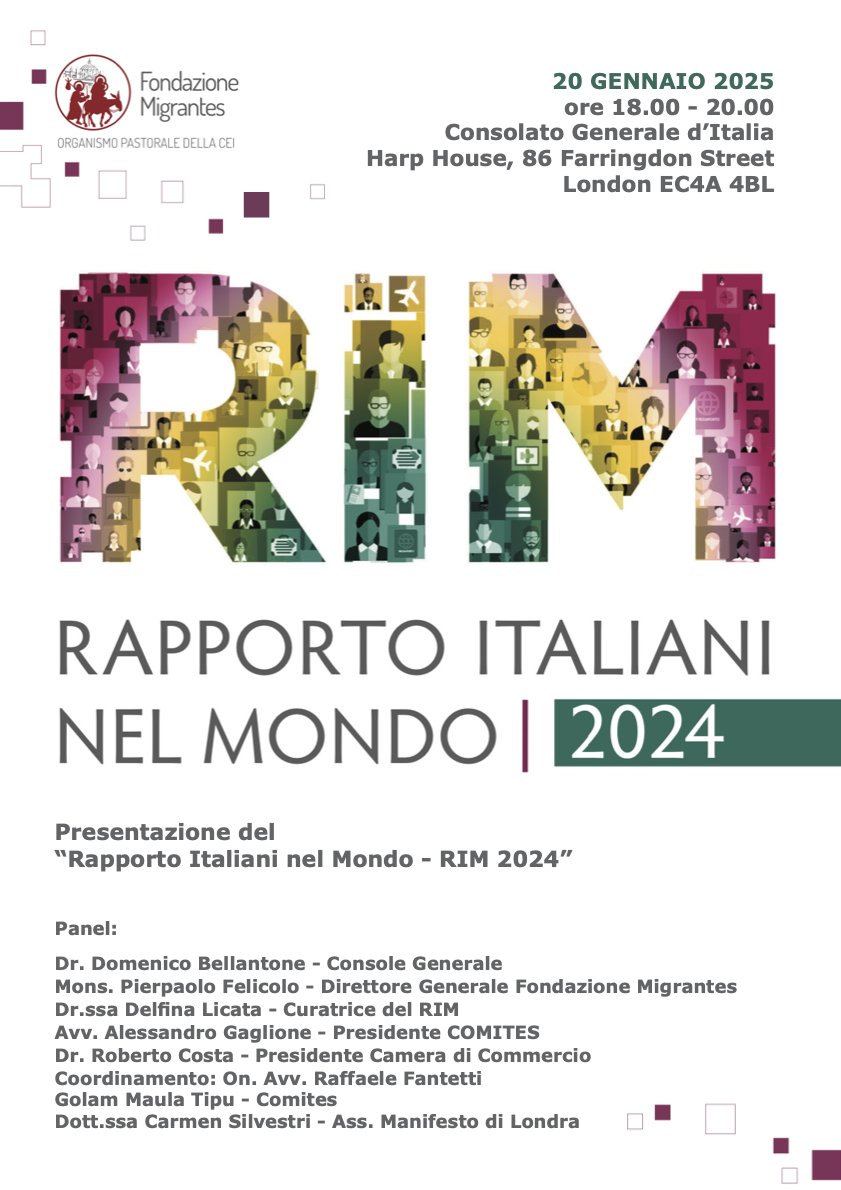 Lunedì 20 gennaio alle 18:00 presso il Consolato Generale di Londra ci sarà la presentazione del Rapporto Italiani nel Mondo 2024 (in italiano).

Per registrarsi all'evento scrivere a segreteria@comiteslondra.info

Affrettatevi i posti sono limitati!