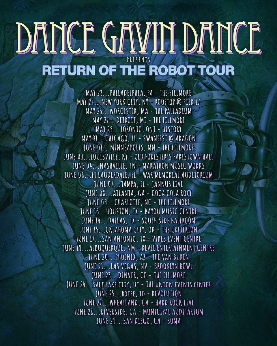DGDtheband's tweet image. We’re back 🤖🍓 

We are happy to announce the RETURN OF THE ROBOT tour. 

We’ll be heading across the US (and Toronto!) with amazing artists @TheHomeTeamNW @syscband and @dwellingsband. 

Presale and VIP bundle sales begin today at 10am EST. 

VIP bundles include your ticket and…