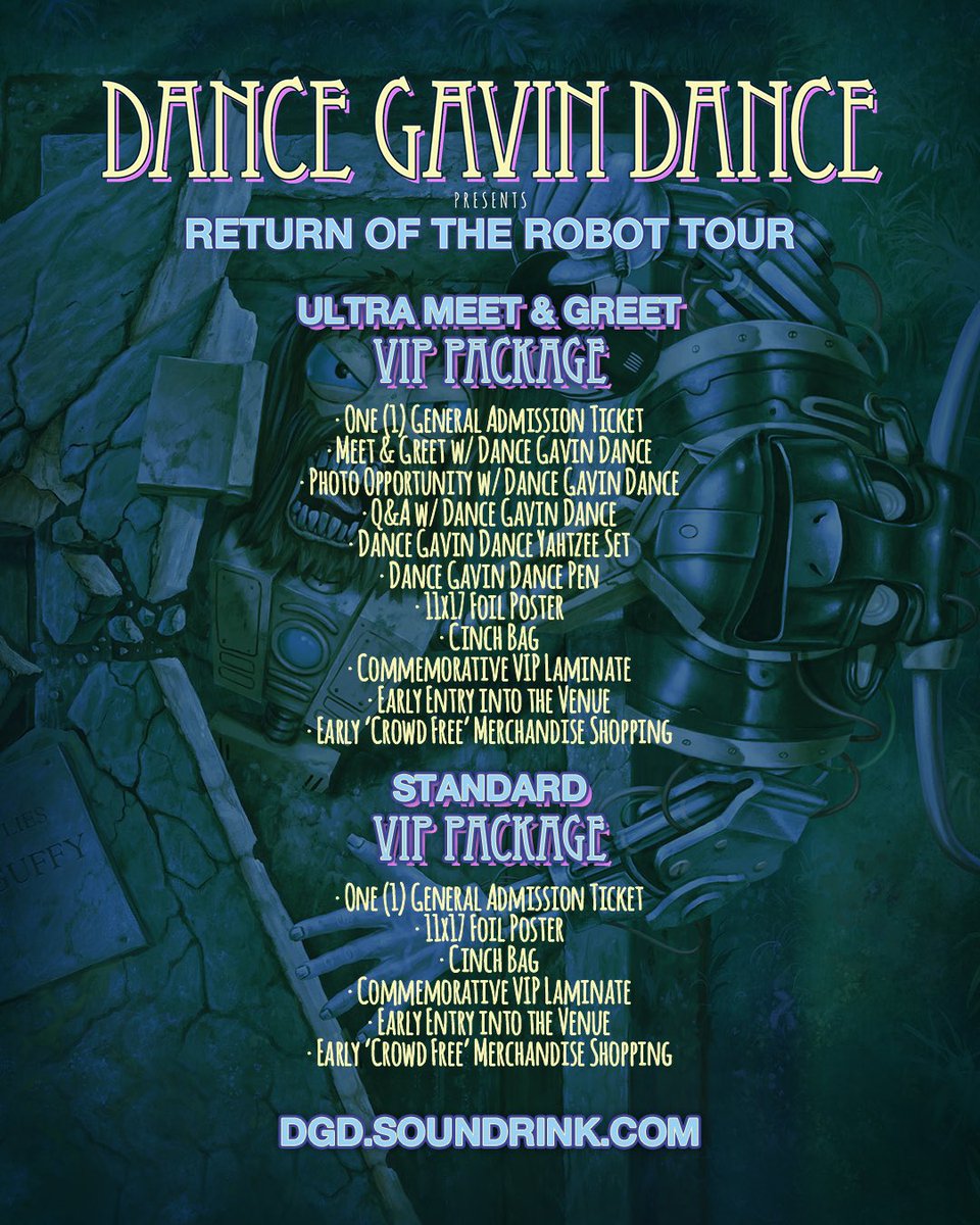 Dance Gavin Dance🍓 (@dgdtheband) on Twitter photo We’re back 🤖🍓
We are happy to announce the RETURN OF THE ROBOT tour.
We’ll be heading across the US (and Toronto!) with amazing artists <a href="/TheHomeTeamNW/">The 🇵🇸FREE PALESTINE🇵🇸 Team 🏡</a> <a href="/syscband/">SeeYouSpaceCowboy</a> and <a href="/dwellingsband/">Dwellings</a>.
Presale and VIP bundle sales begin today at 10am EST.
VIP bundles include your ticket and We’re back 🤖🍓
We are happy to announce the RETURN OF THE ROBOT tour.
We’ll be heading across the US (and Toronto!) with amazing artists <a href="/TheHomeTeamNW/">The 🇵🇸FREE PALESTINE🇵🇸 Team 🏡</a> <a href="/syscband/">SeeYouSpaceCowboy</a> and <a href="/dwellingsband/">Dwellings</a>.
Presale and VIP bundle sales begin today at 10am EST.
VIP bundles include your ticket and