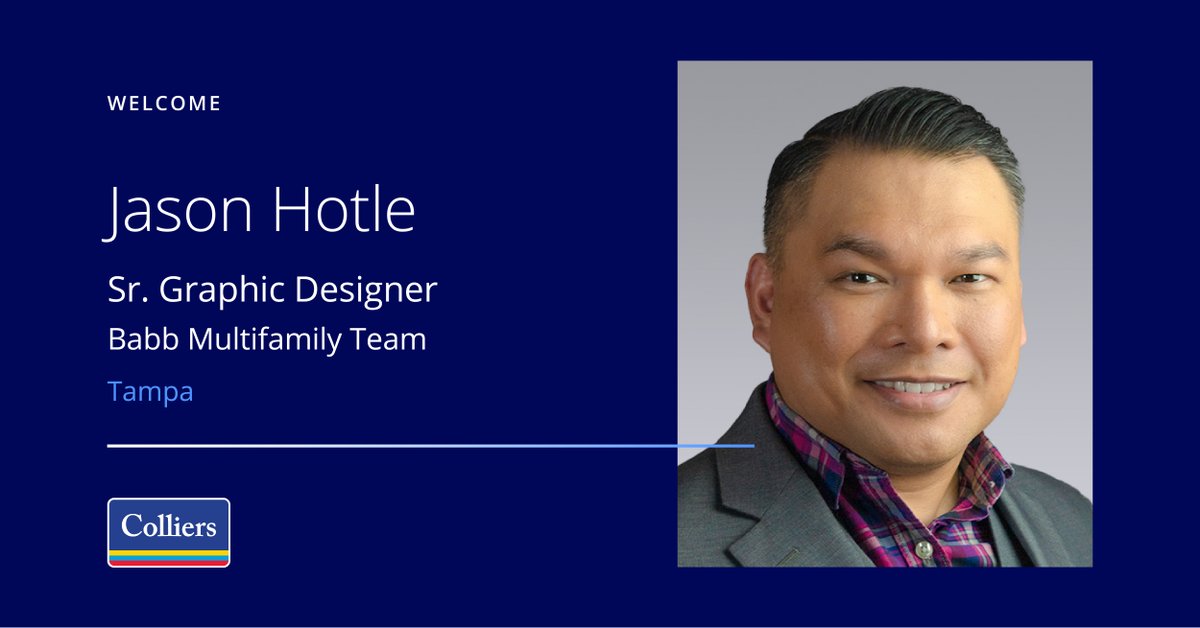 Please join us in welcoming Jason Hotle, Sr. Graphic Designer, to Colliers. He will be working with the Babb Multifamily Team in the Tampa Office.

Welcome to Colliers, Jason; we are thrilled to have you here!

#Colliers #Welcome