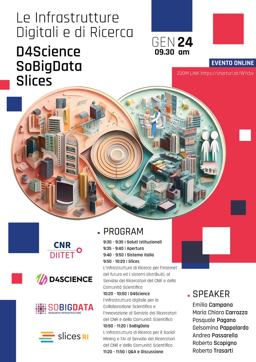 Istituto di Informatica e Telematica CNR (@iitcnr) on Twitter photo 🌐Non perdere l'evento online dedicato a <a href="/SlicesRi/">SLICES-RI</a>, <a href="/d4science/">D4Science.org</a> e <a href="/SoBigData/">SoBigData</a>, infrastrutture digitali al servizio della ricerca.
Con <a href="/MC_Carro/">MariaChiara Carrozza</a> <a href="/CNRsocial_/">CNR Consiglio Nazionale delle Ricerche</a> e Emilio Campana @CNR_DIITET.
🕙 24/01, 09:30-12:00
💻 shorturl.at/WYcbv
#Innovazione #Ricerca #OpenScience 🌐Non perdere l'evento online dedicato a <a href="/SlicesRi/">SLICES-RI</a>, <a href="/d4science/">D4Science.org</a> e <a href="/SoBigData/">SoBigData</a>, infrastrutture digitali al servizio della ricerca.
Con <a href="/MC_Carro/">MariaChiara Carrozza</a> <a href="/CNRsocial_/">CNR Consiglio Nazionale delle Ricerche</a> e Emilio Campana @CNR_DIITET.
🕙 24/01, 09:30-12:00
💻 shorturl.at/WYcbv
#Innovazione #Ricerca #OpenScience