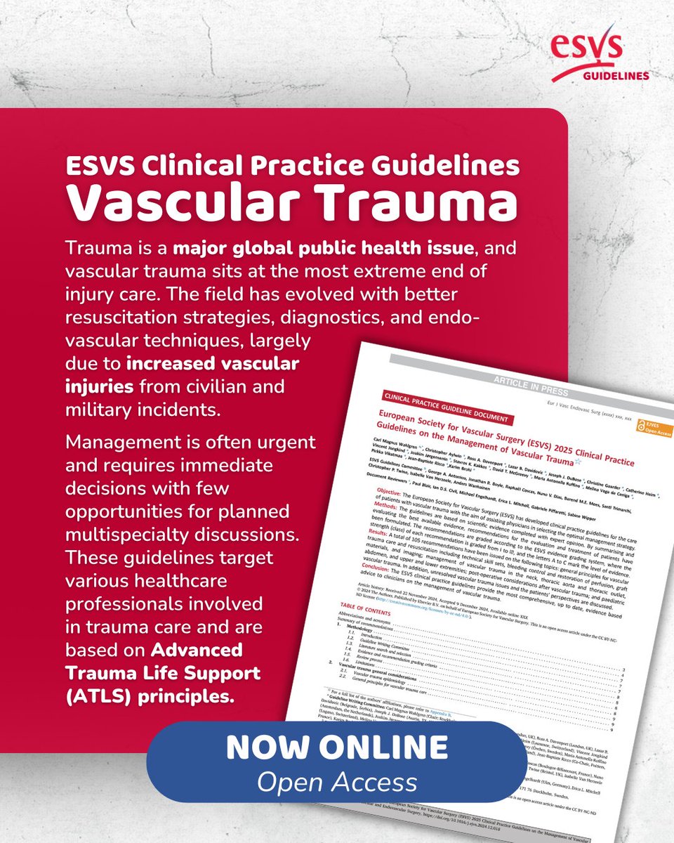 🆕 It's finally here! 🆕

The latest ESVS Clinical Practice Guidelines on the Management of #VascularTrauma have just been e-published!

The document includes a total of 105 recommendations to provide comprehensive, up-to-date, and evidence-based advice to clinicians on the