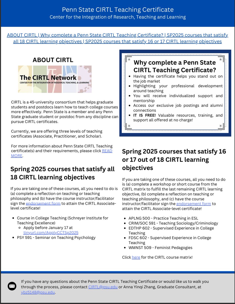 🚨 Attention Grad Students &amp; Postdocs! 🚨

Looking to boost your teaching skills and stand out on the job market? 🌟 The Penn State CIRTL Teaching Certificate program offers FREE resources, mentorship, and courses to help you grow as an educator.
