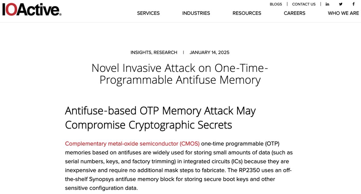 "... IOActive has demonstrated that data bits stored in the example antifuse memory can be extracted using a well-known semiconductor failure analysis technique..." Our latest blog highlights this technique used in the RP2350 Challenge from <a href="/Raspberry_Pi/">Raspberry Pi</a>. ioactive.com/raspberry-pi-2…