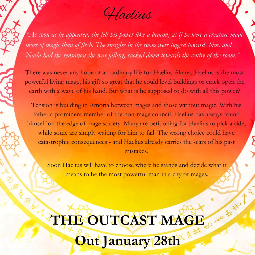 GUYS!! It is TWO WEEKS until my debut novel, THE OUTCAST MAGE comes out!

Continuing debut month, here’s another character bio, with accompanying art by <a href="/Chrissimmonds14/">Chris Simmonds</a>. Haelius Akana, my very own disaster wizard.

<a href="/orbitbooks/">Orbit Books</a> 
#fantasy #reading #books #debut
