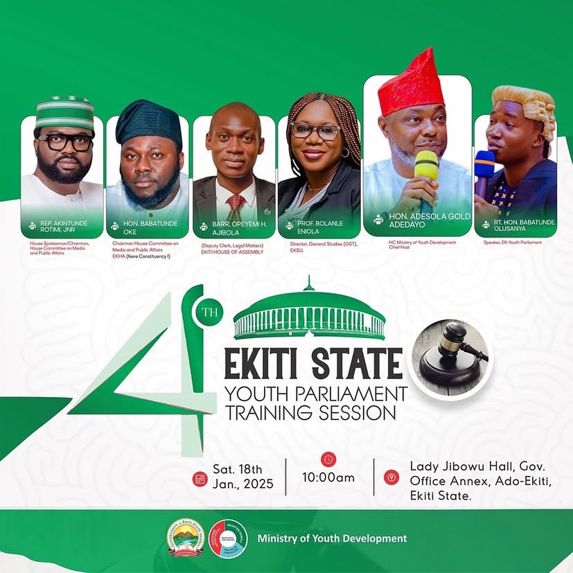 𝐄𝐊𝐈𝐓𝐈 𝐓𝐎 𝐇𝐎𝐋𝐃 𝐓𝐑𝐀𝐈𝐍𝐈𝐍𝐆 𝐏𝐑𝐎𝐆𝐑𝐀𝐌 𝐅𝐎𝐑 𝐓𝐇𝐄 𝟒𝐓𝐇 𝐒𝐓𝐀𝐓𝐄 𝐘𝐎𝐔𝐓𝐇 𝐏𝐀𝐑𝐋𝐈𝐀𝐌𝐄𝐍𝐓

Read More: eksginfo.ng/2025/01/14/eki…