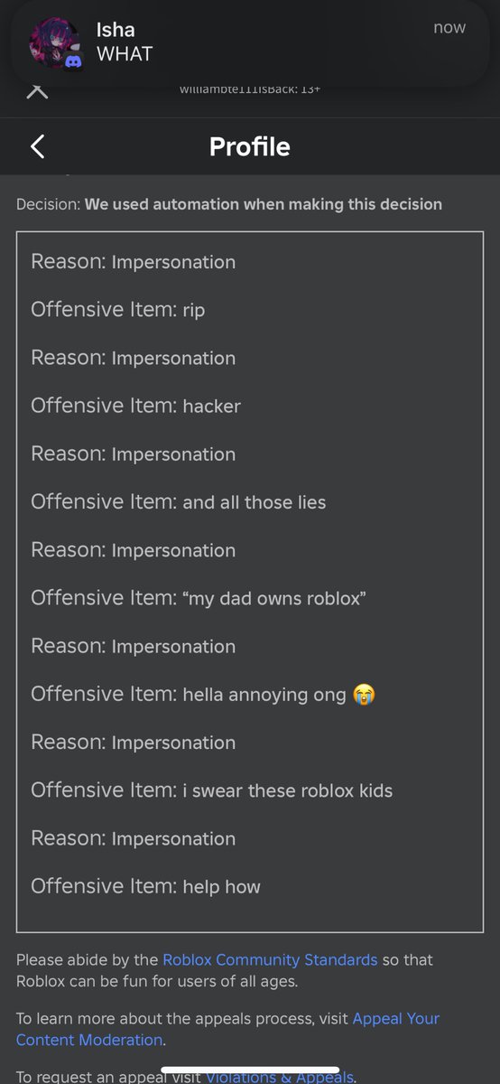 EBella_Official's tweet photo. @Roblox is now banning people for the most stupidest reasons, for example i got banned for saying this?, i would appreciate an upgrade on this ai. https://t.co/iZwq8etrll