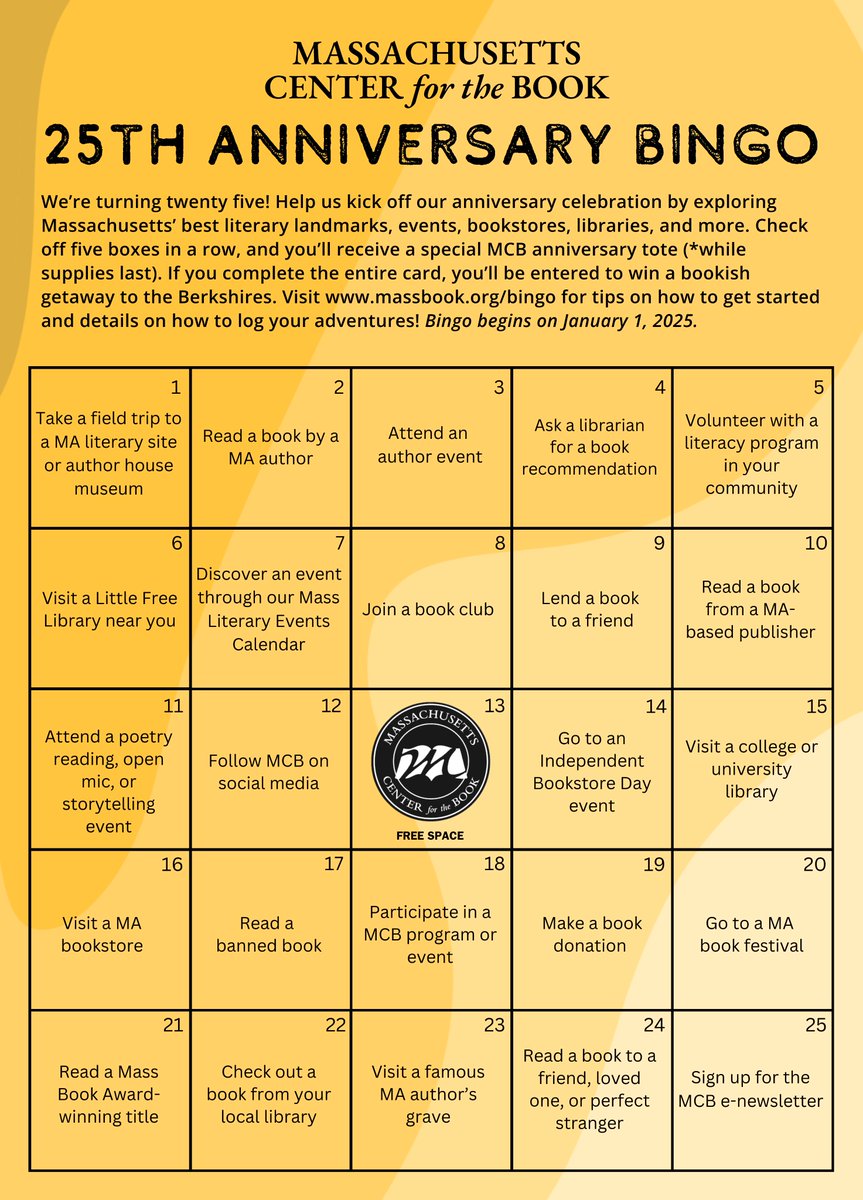 MassBook's tweet image. 2025 marks our 25th year as Massachusetts Center for the Book, and to celebrate we are launching our own Literary Bingo! More details about how to play, and prizes, at massbook.org/bingo