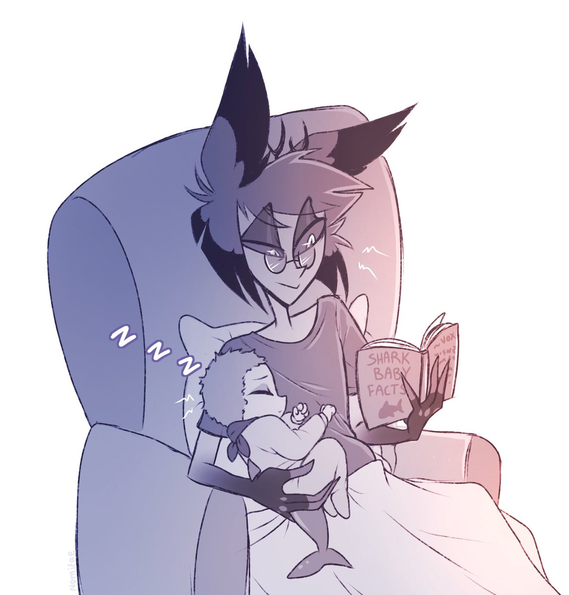 I just had to draw the little baby napping on Alastor while Vox is