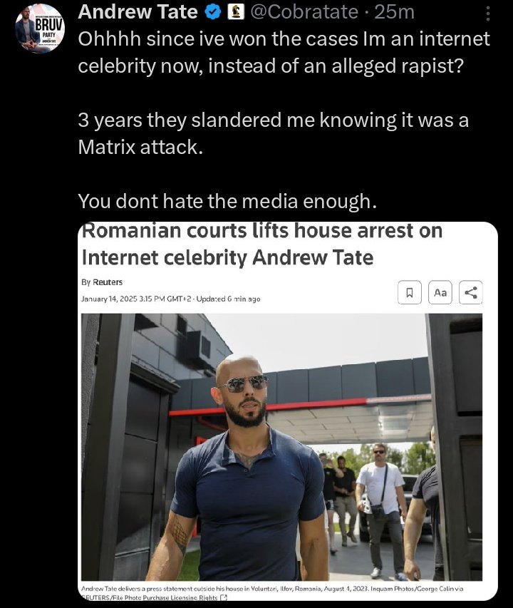TheMilkBarTV's tweet photo. Community notes exposing Andrew Tate's lies.

As always Tate spins every court decision into a win. All of his charges remain (including sodomizing a 15 year old for which he was under house arrest)/No cases have been dismissed.

This decision by the court in no way speaks to lack of evidence.

Andrew Tate remains in a world of hurt.