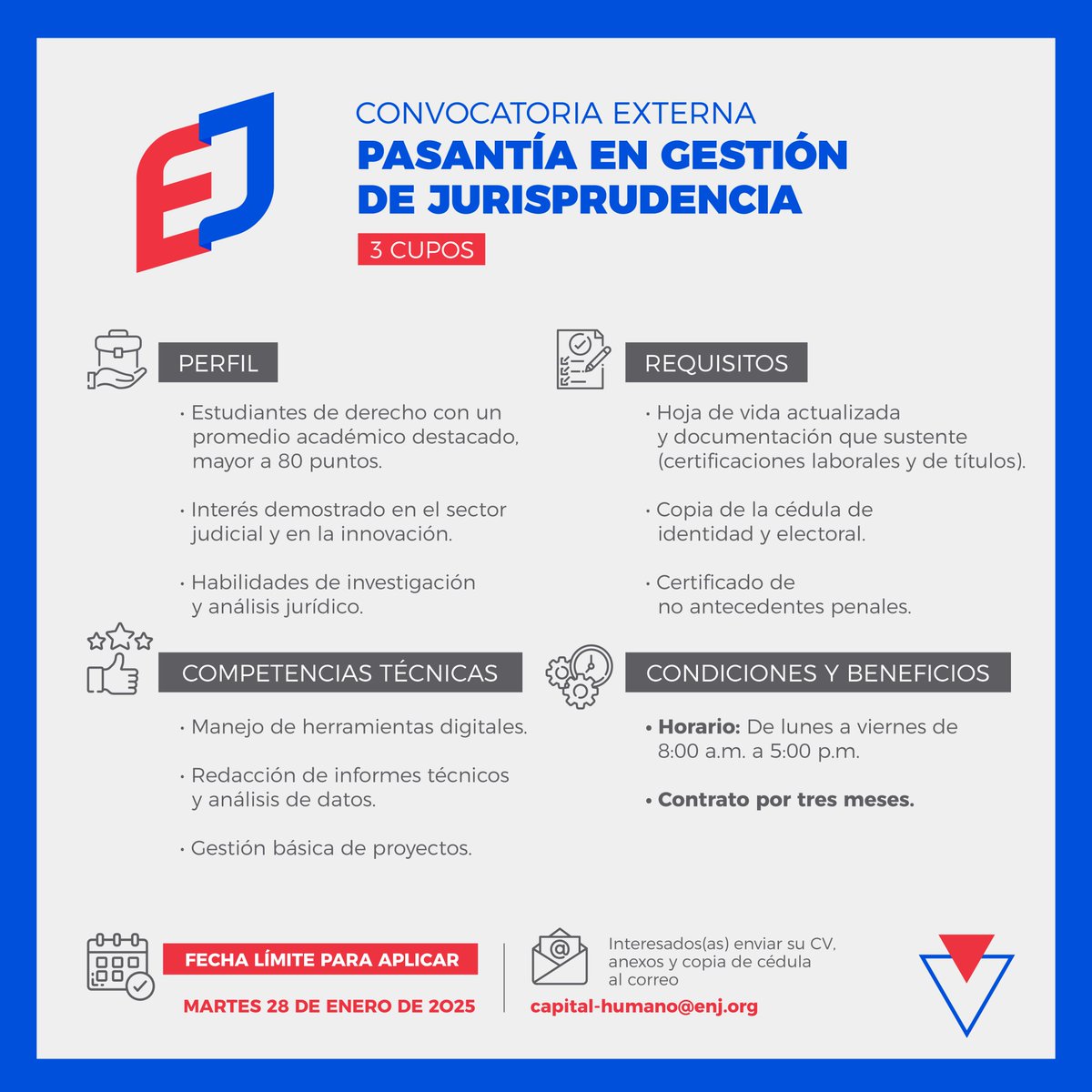 enjweb's tweet photo. En la Escuela Nacional de la Judicatura tenemos vacantes disponibles para la Pasantía en Gestión de Jurisprudencia. 
Los(as) interesados(as) en participar deben enviar los documentos requeridos en formato PDF al correo capital-humano@enj.org.

Fecha límite: 28 de enero de 2025. https://t.co/1KLz9lf3st