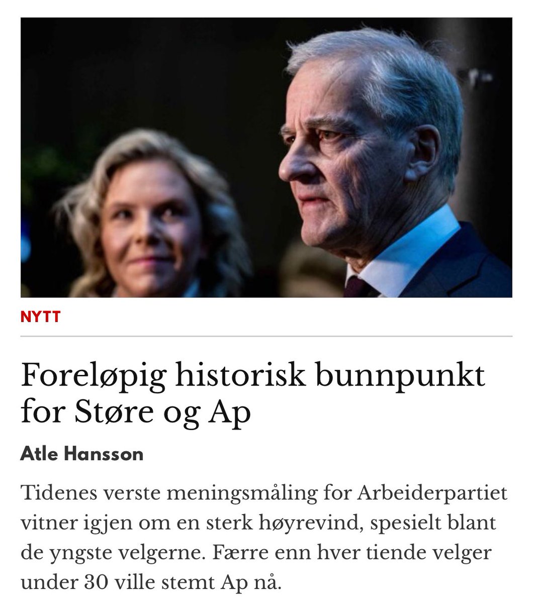 The worst opinion poll ever(!) for the Norwegian Labor Party (Ap) testifies to a strong right-wing wind, especially among the youngest voters. Fewer than one in ten voters under 30 would vote Ap now.

😊