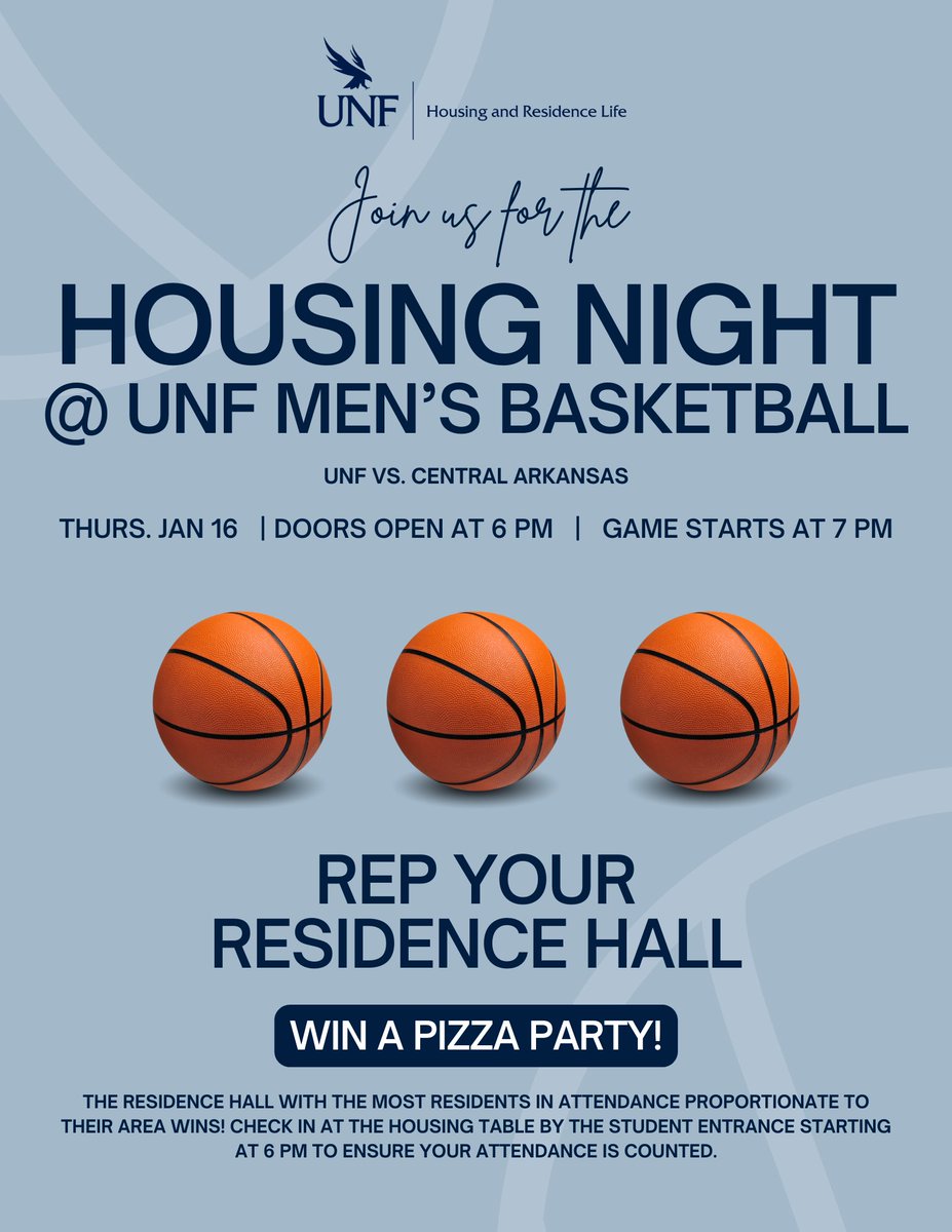UNF_HRL's tweet photo. Join us this Thurs. Jan. 16 for the Housing Night at UNF Men's Basketball! Rep your Residence Hall and you could win a pizza party! Check in at the Housing table by the student entrance starting at 6p.m. to ensure your attendance is counted! Can't wait to see you there! #SWOOP https://t.co/9imDbUNa8B