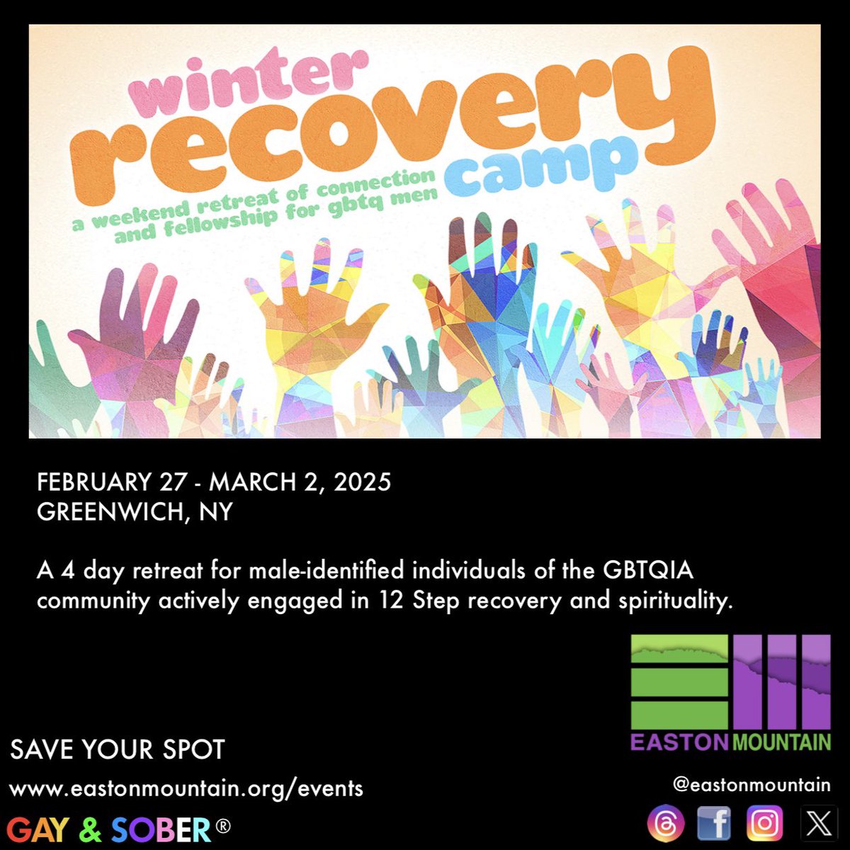 ❄️There’s a very special event in February! Check out Winter Recovery Camp! eastonmountain.org #eastonmountain #gayandsober #recovery #sobriety <a href="/eastonmountain/">Easton Mountain</a>