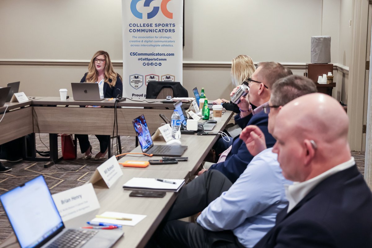 CollSportsComm's tweet photo. Thank you to Becca Burchette Medel (@BeccaBurchette), Associate Director of @NCAADII, for coming to speak with our CSC Executive Board and Staff today!

We enjoyed hearing about some of the behind the scenes and thought process to the new Division II Make It Yours promotional campaign and the work that DII is doing with @diisida.

Pictured with Becca is CSC President @KTHogs and NCAA Division II Cabinet Chair @bw_henry.