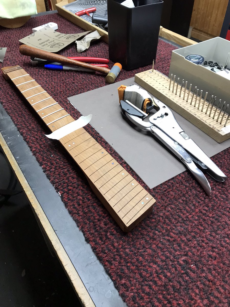 Strandberg Boden: Customer wanted stainless frets, abalone inlay dots with a gloss finish &amp; super low action. Went for a nitro finish on the neck to preserve that all important tone. 
#strandbergguitars #guitarrepairer