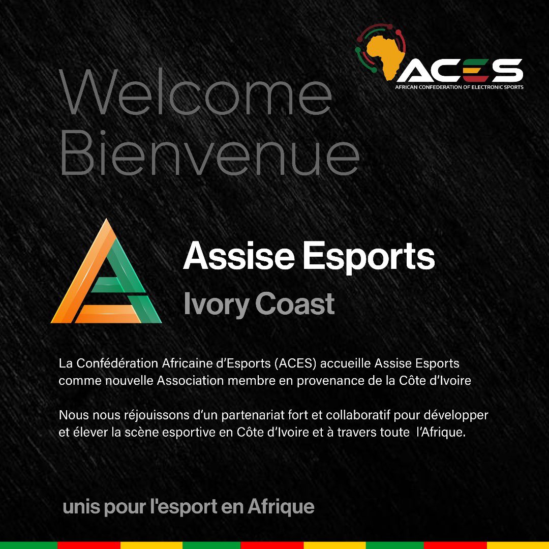 africonesports's tweet photo. 🚨 New Member Alert! 🚨

The African Confederation of Esports (ACES) officially welcomes Assisse Esports as our newest member federation from Ivory Coast! 🇨🇮

Let's work together to elevate the esports scene in Ivory Coast &amp; across Africa!

#ACES
#AfricaEsports
#WelcomeAboard https://t.co/cQOyUy15t1