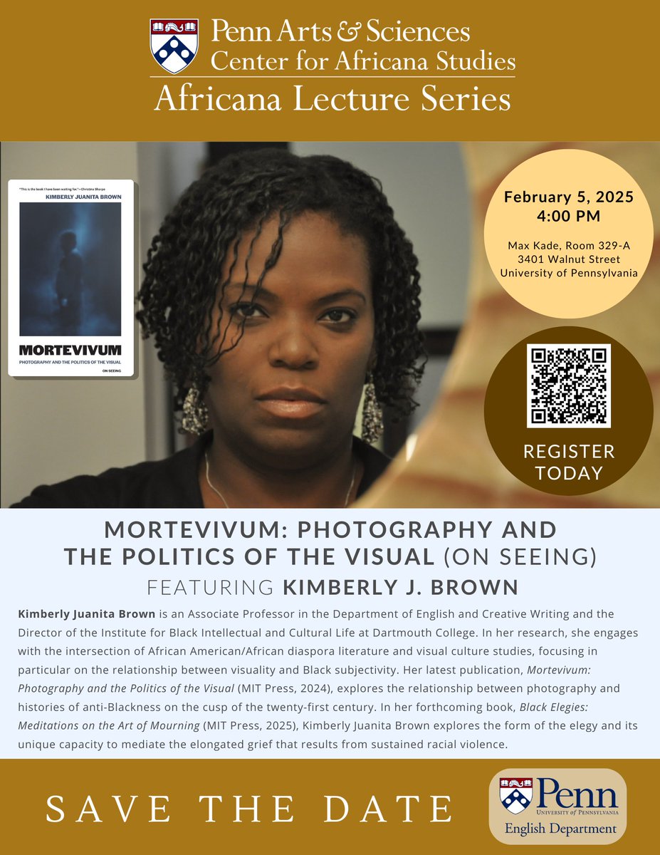 Africana Studies at Penn (@africanaupenn) on Twitter photo On February 5, 2025, see Kimberly J. Brown explore ideas from her captivating book "Mortevivum: Photography and the Politics of the Visual (On Seeing)." Register today for this event on Penn campus! tinyurl.com/kjbrown-penn20⌠<a href="/PennEnglish/">Department of English, University of Pennsylvania</a> <a href="/kjuanitabrown/">Kimberly Juanita Brown</a> On February 5, 2025, see Kimberly J. Brown explore ideas from her captivating book "Mortevivum: Photography and the Politics of the Visual (On Seeing)." Register today for this event on Penn campus! tinyurl.com/kjbrown-penn20⌠<a href="/PennEnglish/">Department of English, University of Pennsylvania</a> <a href="/kjuanitabrown/">Kimberly Juanita Brown</a>