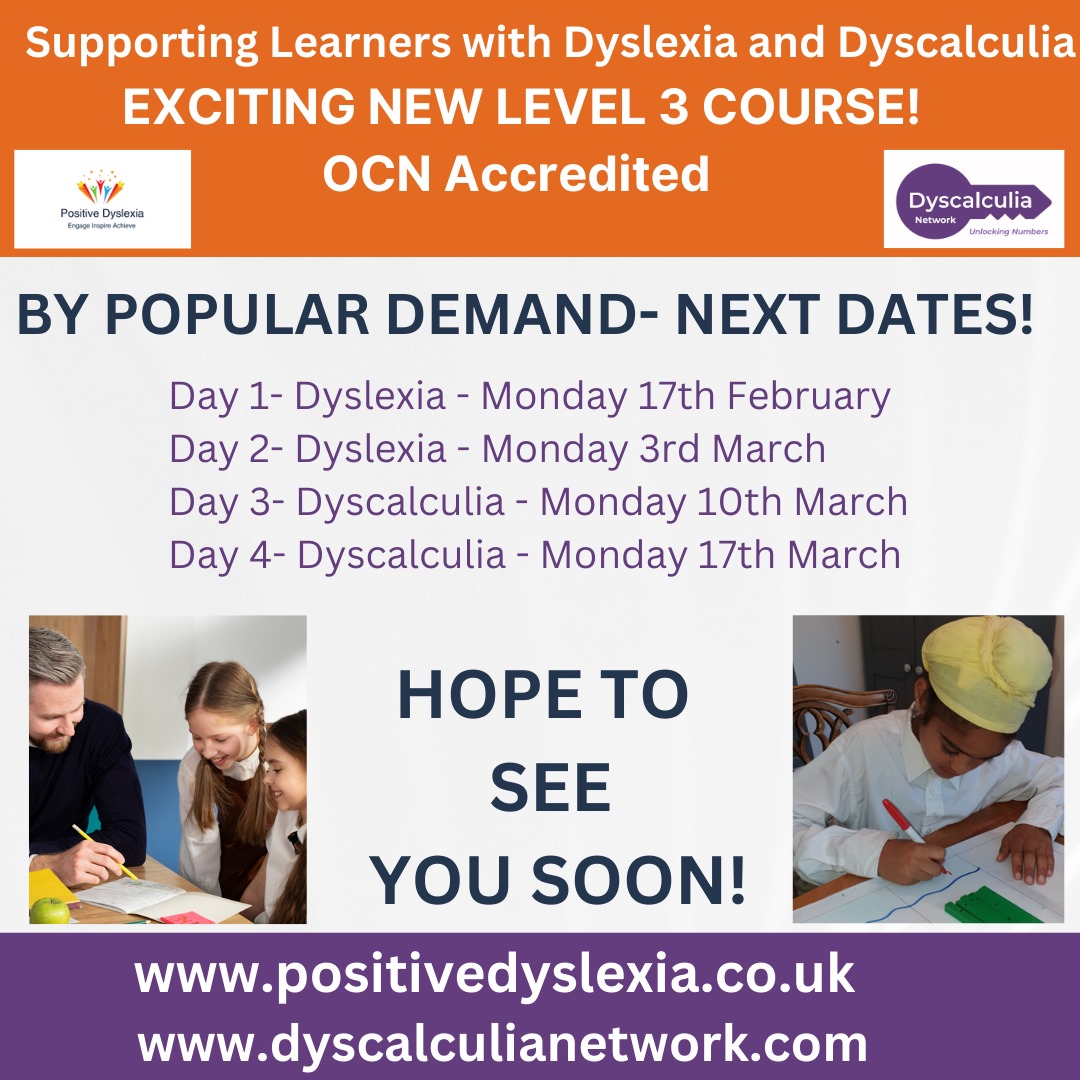 The Dyscalculia Network (@dyscalculianet1) on Twitter photo Our popular Level 3 #Dyscalculia and #Dyslexia accredited Level 3 Course with <a href="/katrinadyslexia/">Katrina Cochrane</a> is back for the spring term!
Find out more here -
bit.ly/DyslexiaDyscal… Our popular Level 3 #Dyscalculia and #Dyslexia accredited Level 3 Course with <a href="/katrinadyslexia/">Katrina Cochrane</a> is back for the spring term!
Find out more here -
bit.ly/DyslexiaDyscal…