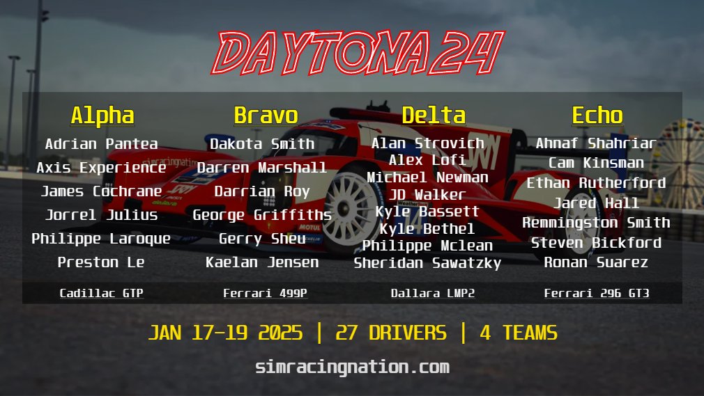 Our team entries for the Daytona 24. Good luck to everyone who's participating across Sim Racing Nation! #d24 #daytona24 #gt3 #gtp #lmp2 #499p #iracing