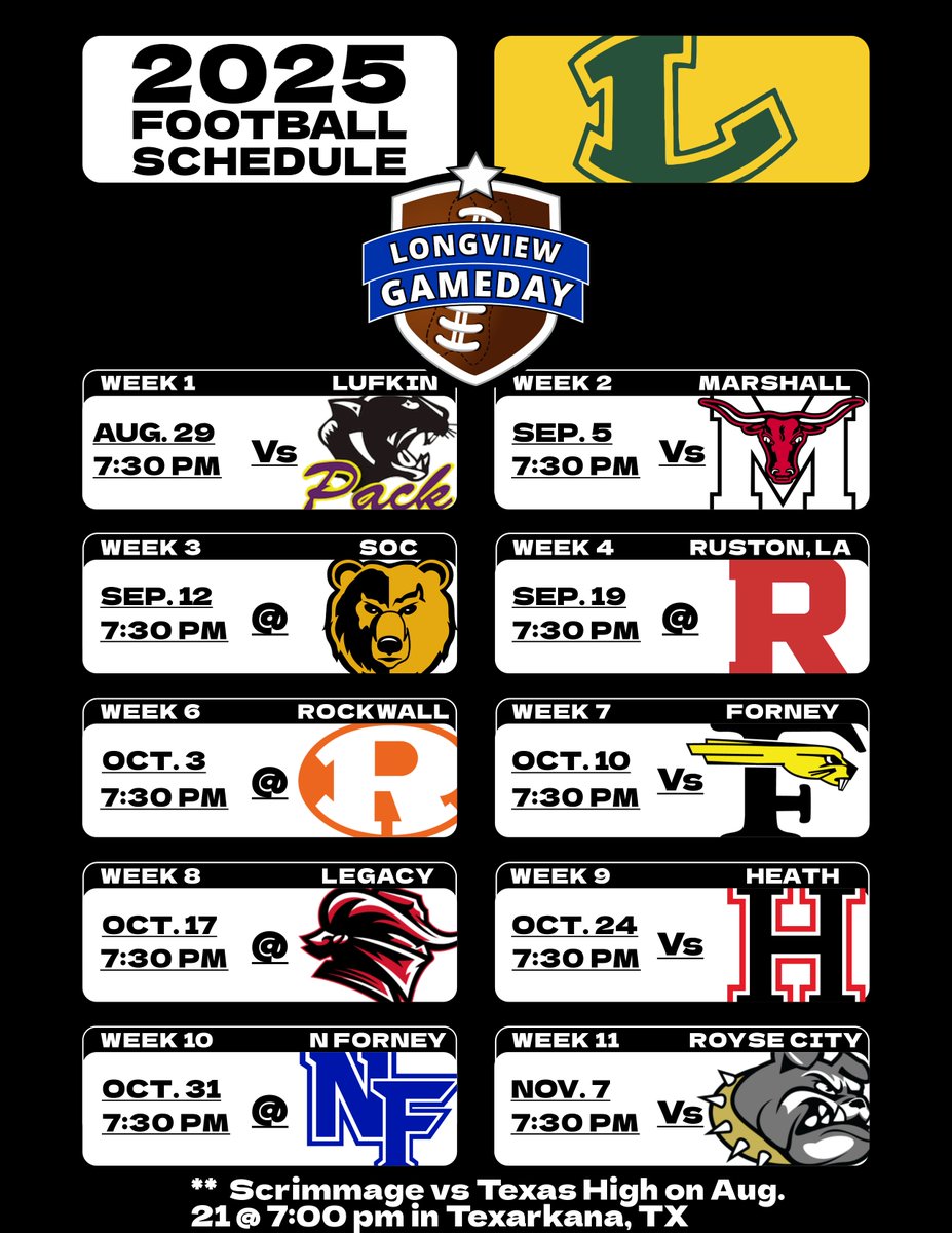 ETX_Gameday's tweet photo. The 2025 Football Schedule is officially locked in!  The Lobos start off with back to back home games vs long-time rivals then hit the road for South Oak Cliff and Ruston, LA to try to avenge last year's only 2 regular season losses.

@coachjohnking @LongviewISD https://t.co/CdFp4pISDc
