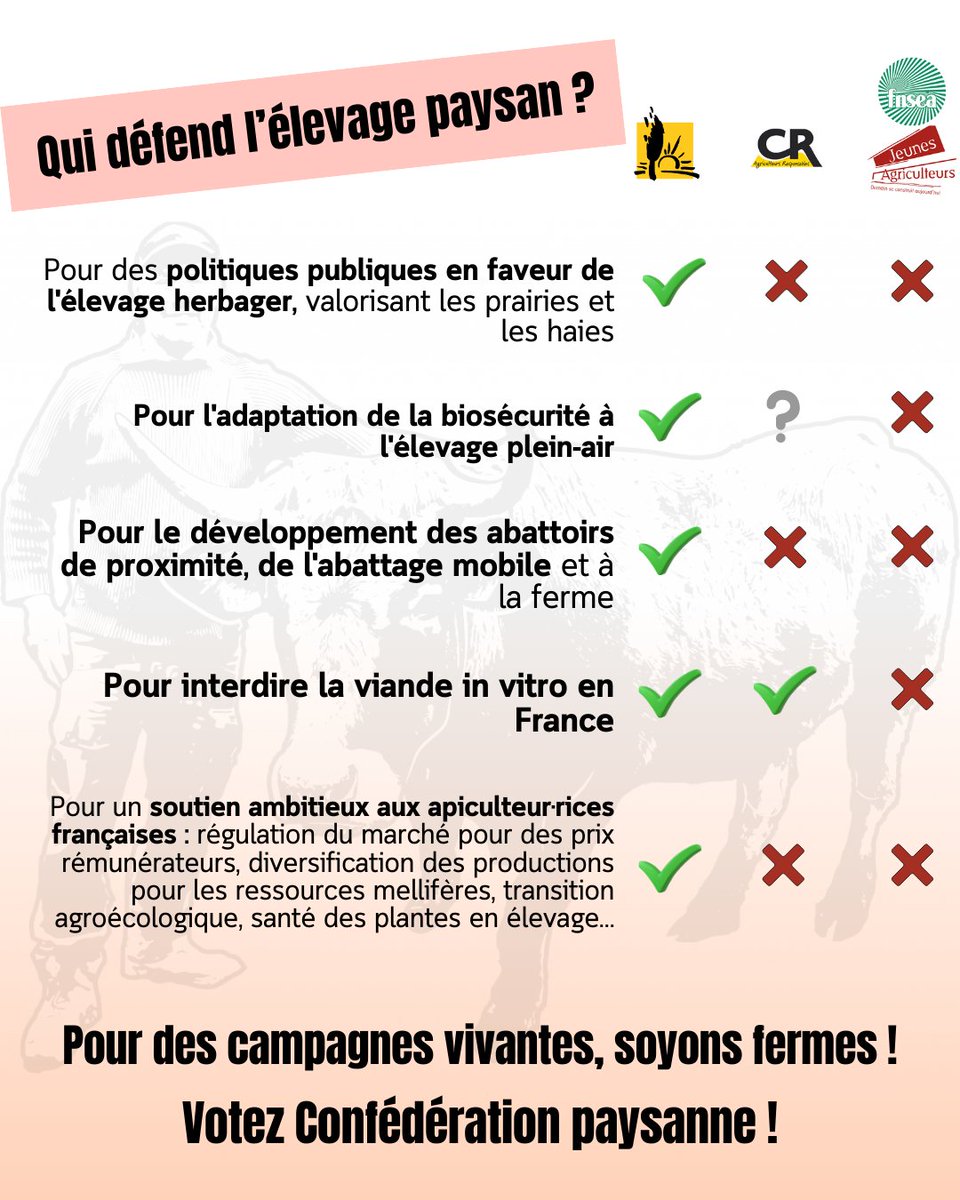 Conf_pays13's tweet photo. 🗳🔎 ZOOM POUR LES ÉLECTIONS PROFESSIONNELLES : Qui propose quoi pour défendre l'élevage paysan partout en France ?

🗳 DU 15 AU 31 JANVIER 2025, POUR UNE AGRICULTURE RÉMUNÉRATRICE, JE VOTE CONFÉDÉRATION PAYSANNE ! ✊ https://t.co/D5ZFab6Qyt