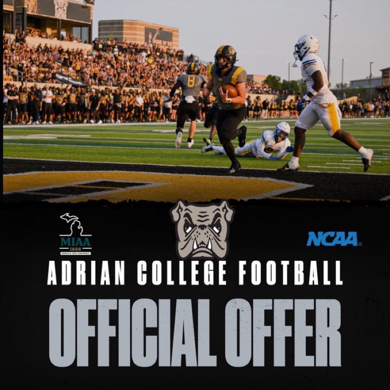 after a great visit and a long talk with <a href="/Coach_Palka/">Joe Palka</a> i am extremely blessed to receive an offer from <a href="/AdrianCollegeFB/">Adrian College Football</a> thank you coach <a href="/KujawaKenny/">Kenny Kujawa</a> for the opportunity can’t wait to see what the future holds!!!💛🖤<a href="/Coachparker22/">Antonio Parker</a>