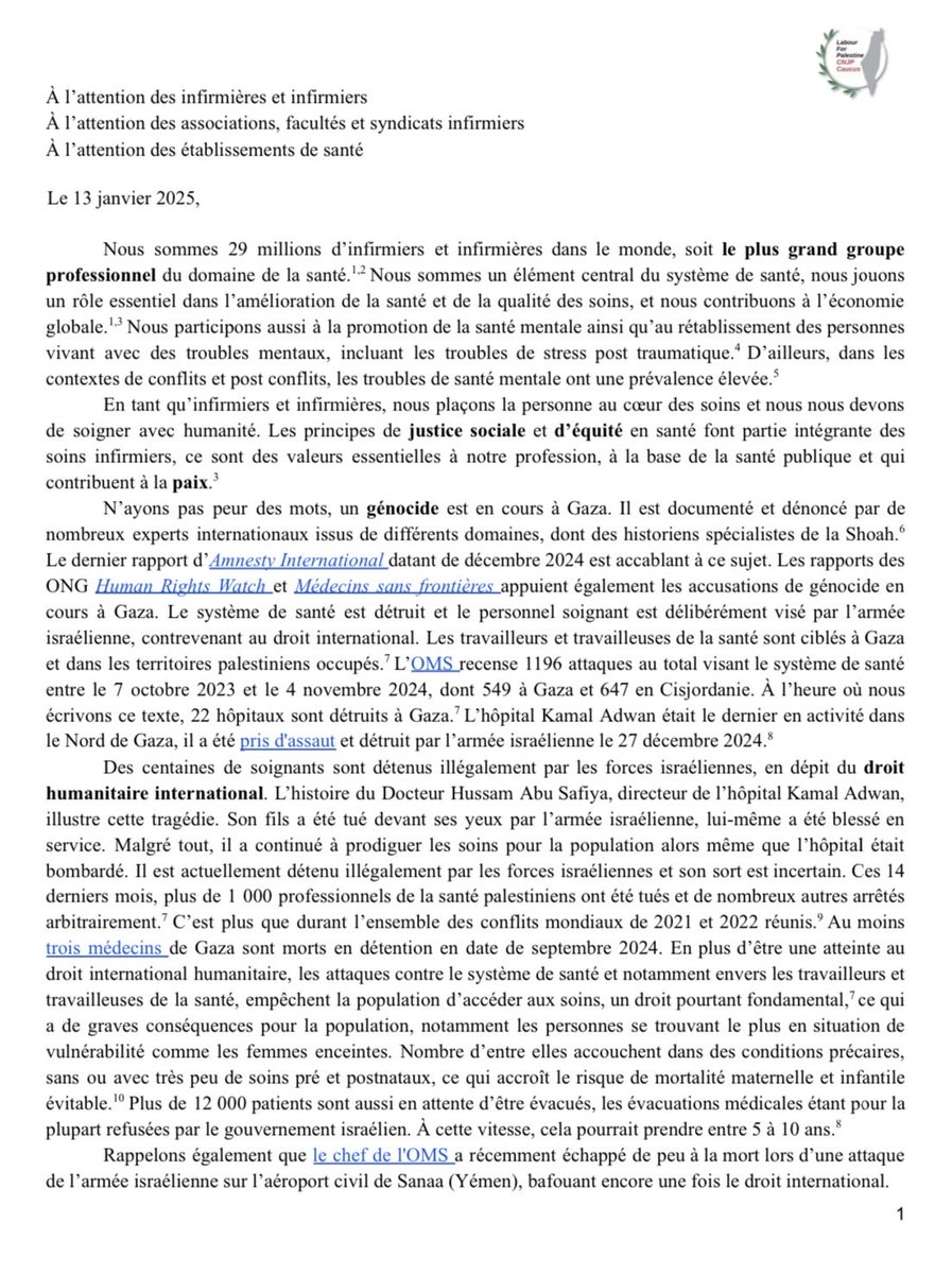 Nada_Dim's tweet photo. Lettre ouverte aux infirmières, syndicats, associations &amp; organisations infirmières, facultés des Sciences infirmières, concernant le génoc*de à #Gaza &amp; les attaques contre le système de Santé #NurseTwitter #NotATarget #StopGenocide #Solidarité https://t.co/UeRn5Q5Js2