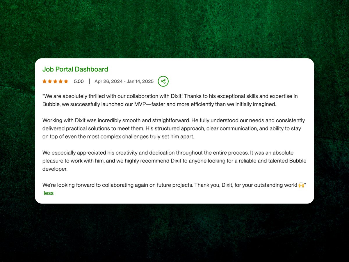 I just wrapped up an amazing project on Upwork with a 5-star review! 🌟 Excited for many more achievements ahead and grateful for the opportunity! 🚀